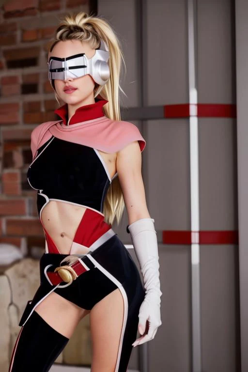KarismaClaus <lora:mandora_v1:0.8> mandora, 1girl, ponytail, blonde hair, helmet, visor, pink shoulder wrap, red turtleneck, asymmetrical clothes, multicolored bodysuit, grey belt, pink vambraces, red gloves, mandora, 1girl, ponytail, blonde hair, helmet, visor, single bare shoulder, asymmetrical clothes, black bodysuit, pink vambraces, red gloves