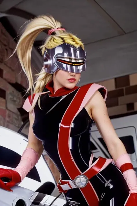 KarismaClaus <lora:mandora_v1:0.8> mandora, 1girl, ponytail, blonde hair, helmet, visor, pink shoulder wrap, red turtleneck, asymmetrical clothes, multicolored bodysuit, grey belt, pink vambraces, red gloves, mandora, 1girl, ponytail, blonde hair, helmet, visor, single bare shoulder, asymmetrical clothes, black bodysuit, pink vambraces, red gloves