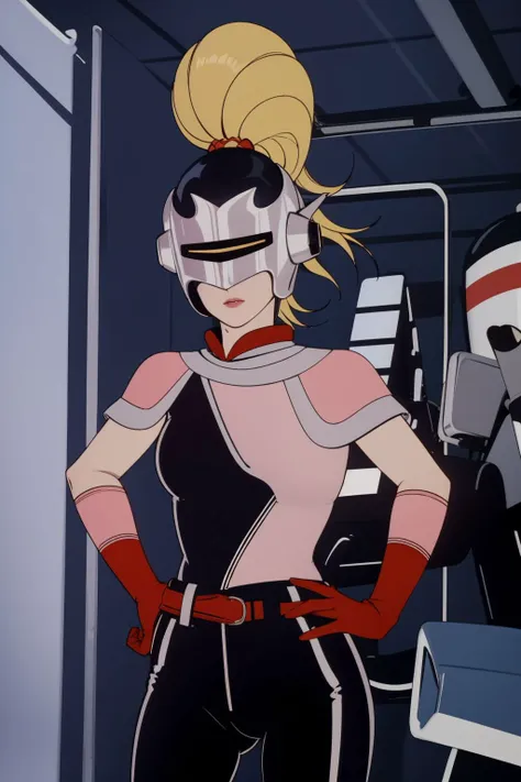 professional photo of mandora, 1girl, ponytail, blonde hair, helmet, visor, pink shoulder wrap, red turtleneck, asymmetrical clothes, multicolored bodysuit, grey belt, pink vambraces, red gloves, detailed skin, spacecraft interior, bouncer, photo made with Canon EOS in naturalistic style photography, popular on artstation, popular on deviantart, popular on flicker <lora:mandora_v1:1>