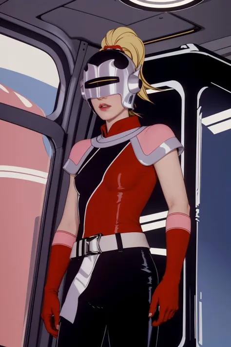 professional photo of mandora, 1girl, ponytail, blonde hair, helmet, visor, pink shoulder wrap, red turtleneck, asymmetrical clothes, multicolored bodysuit, grey belt, pink vambraces, red gloves, detailed skin, spacecraft interior, bouncer, photo made with Canon EOS in naturalistic style photography, popular on artstation, popular on deviantart, popular on flicker <lora:mandora_v1:1>