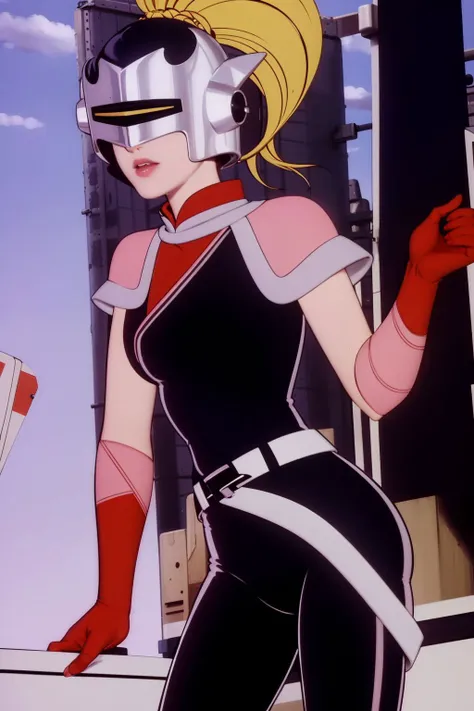 professional photo of mandora, 1girl, ponytail, blonde hair, helmet, visor, pink shoulder wrap, red turtleneck, asymmetrical clothes, multicolored bodysuit, grey belt, pink vambraces, red gloves, detailed skin, spacecraft interior, bouncer, photo made with Canon EOS in naturalistic style photography, popular on artstation, popular on deviantart, popular on flicker <lora:mandora_v1:1>