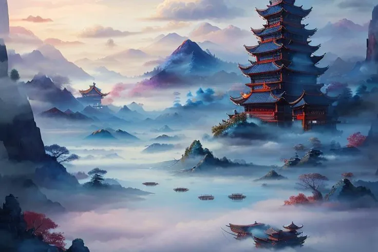 masterpiece, best quality, gufengmap,illustration,Clouds and mist wreathed the air,ink style,ink flow <lora:2Dhx_XianxiaMap_v1.1:1>