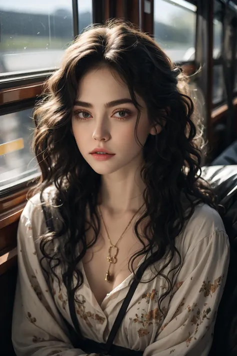 BJ_Lazy_moment,1girl,solo,long_hair,looking_at_viewer,blue_eyes,brown_hair,jewelry,upper_body,parted_lips,necklace,lips,window,wavy_hair,curly_hair,realistic,train_interior,
cinematic lighting,strong contrast,high level of detail,Best quality,masterpiece,White background,<lora:Lazy_moment:0.7>,