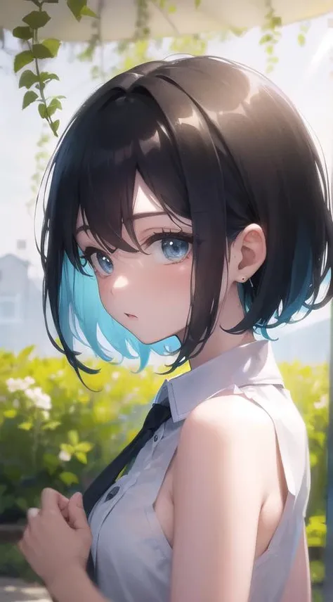 masterpiece,best quality,short hair,blue hair,light rays,outdoors,