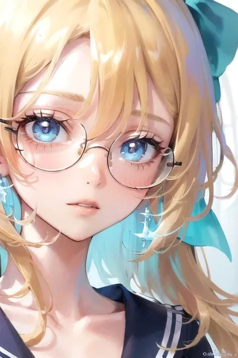 (masterpiece),(best quality),extreamly delicate and beautiful,beautiful detailed eyes,artbook,Illustration,((beautiful detailed face)),
((1girl)),
blonde hair,low ponytail, (light blue glowing eyes:1.2), close-up,naughty face,
serafuku, blue hairbow,
round glasses,
<lora:thinRoundGlasses_v11:0.7>
