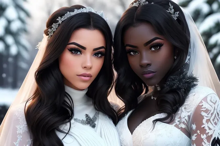 (2girls:1.6), masterpiece, best quality couple photo, first person (busty:1.8) young 19 year-old (marijameglaj:1.2), second person (bs_purpalpaca:1.3) having large big huge (((round))) juicy boobs breasts (cleavage) and (dark black charcoal skin tone:1.5) (thick lips:1.3) cinematic photo, (smooth skinny lower body belly pelvis hips thighs), pronounced feminine features, sexy winter coat, wavy blonde hair, modern style, (8k, epic composition, photorealistic, sharp focus), winter elaborate background, dslr, intricate anatomic details, fine details, backlight, rendered eyes, (((detailed))) smooth skin style-bridal