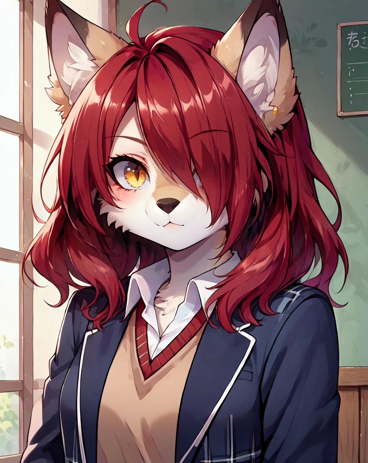 score 9, score 8 up, 1girl, masterpiece, <lora:MegaFluffyPony:1> megafluffypony, fluffy, furry, <lora:Rindou_Kobayashi_Food_Wars_Pony_XL:0.8> kobayashi_rindou, red_hair, ((hair_over_one_eye)), slit_pupils, yellow_eyes, school_uniform, blue_jacket, sweater, plaid_skirt