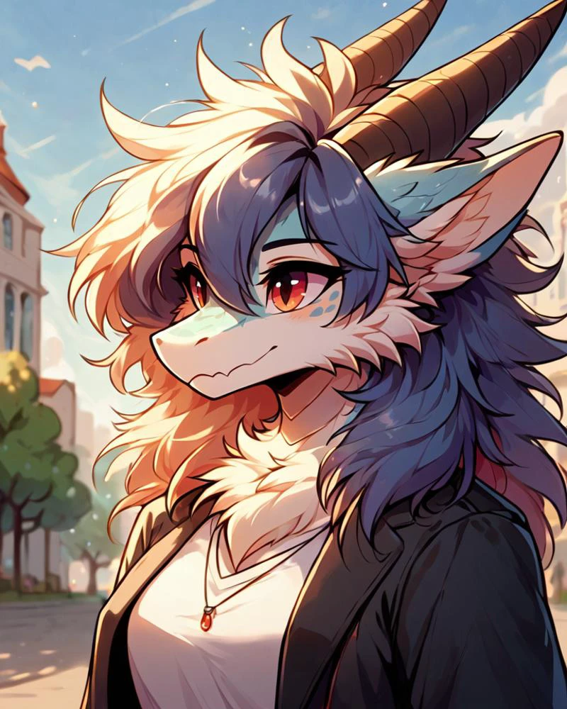 score 9, score 8 up, 1girl, masterpiece, <lora:MegaFluffyPonyV2:1> megafluffypony, fluffy, furry, Dragon, medium shot, outdoors, clothes
