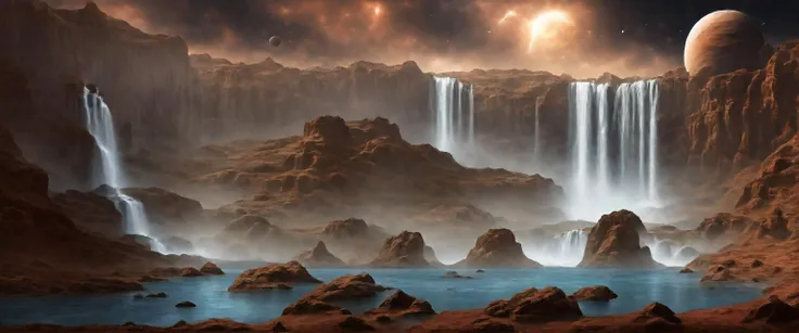waterfall on an alien planet, large planets viewable