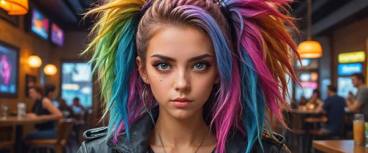 portrait, (masterpiece:1.1), (highest quality:1.1), (HDR:1.0), girl with really wild hair, mane, multicolored hairlighting, (from front:0.6), cyberpunk café