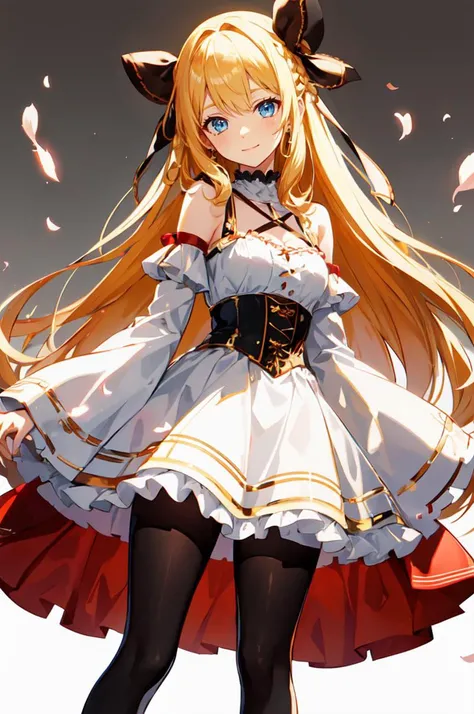 ultra detailed, masterpiece, best quality, solo, soft smile, light smile,
1girl, blue eyes, very long hair, blonde hair, long blonde hair, french braid, bangs, medium breasts,
hair ribbon, frilled choker, criss-cross halter, sleeveless dress, high-waist skirt, backless dress, waist bow, detached sleeves, frilled sleeves, wide sleeves, pantyhose, patterned legwear, mary janes,  <lora:moe2mature:0>
