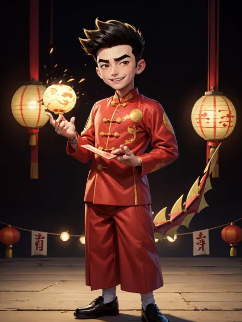 looking at viewer,  Amidst the Chinese New Year festivities of the Dragon, a (handsome young man:1.1)( dons traditional attire:1.5). His clothing reveals chiseled muscles and tattoos, with a red shirt featuring golden dragon embroidery and snug, red trousers adorned with fireworks motifs. Completing the look are golden shoes.
 he stands against a backdrop of gleaming red and gold lanterns on a stage filled with music and firecrackers. The man's tattoos, depicting dragons and Chinese symbols, underscore his cultural connection. With a radiant smile, he extends blessings for the year ahead, encapsulating the spirit of joy and community celebration. His masculine, youthful, and tender features exude warmth and charm, adding to the festive atmosphere of the occasion, 
 <lora:GoodHands-beta2:0.8>, dynamic pose, 
 <lora:JakeLong3-06V206:0.6> jake long, black hair, thick eyebrows, spiked hair,, masterpiece, 4k, high quality, highres, absurdres,