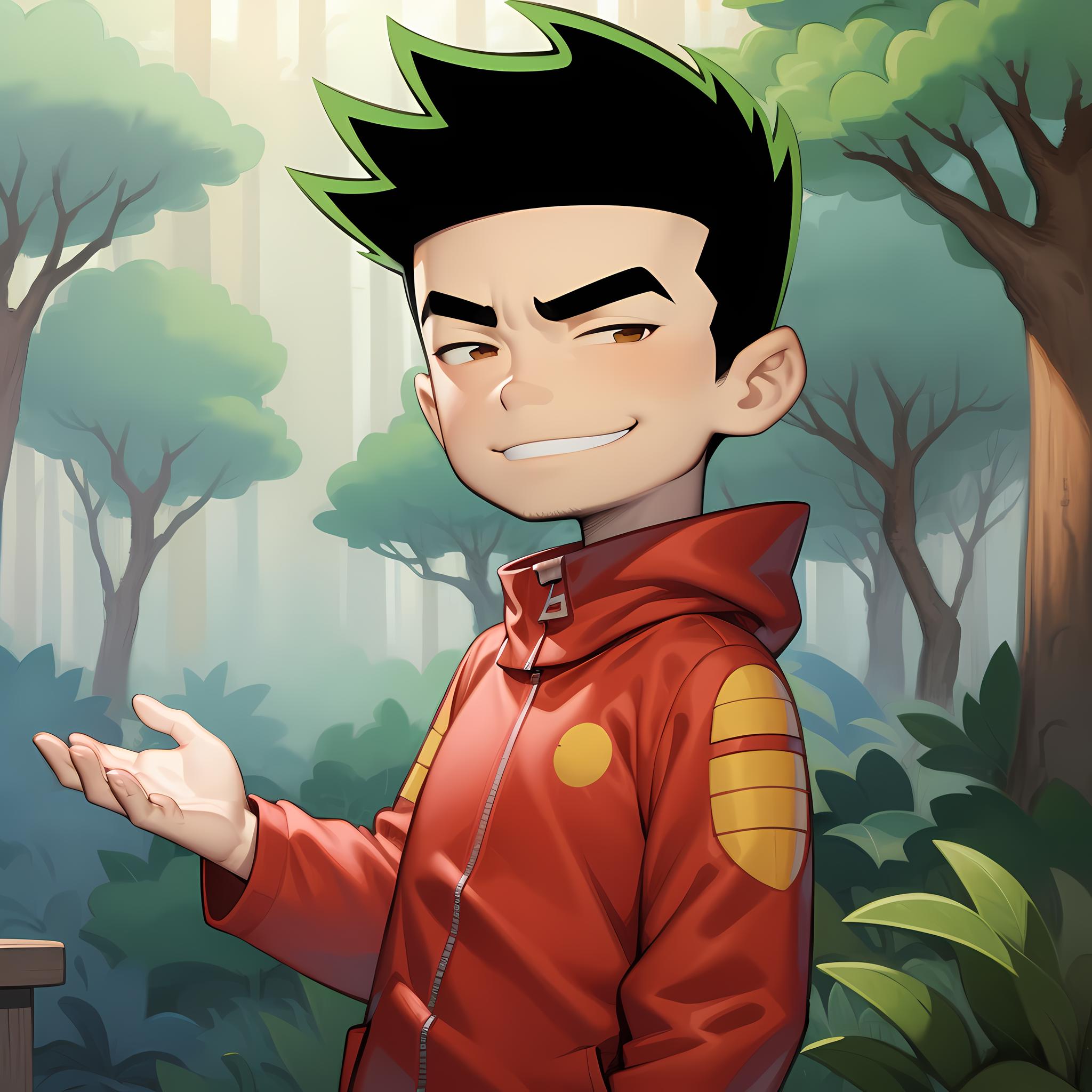 Cartoon boy in red jacket standing in front of a forest - SeaArt AI