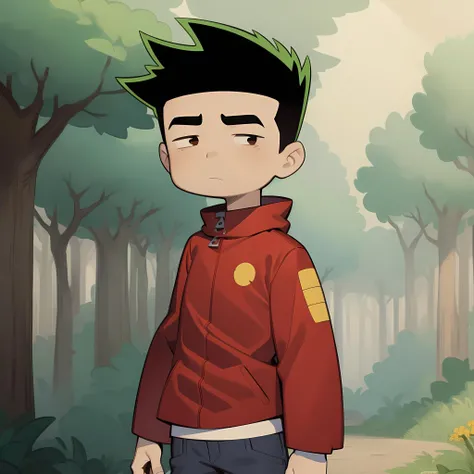 ((masterpiece, best quality)),solo,1boy,upper body, jake long, black hair, red jacket, thick eyebrows, spiked hair, shorts, <lora:JakeLong2:0.8>, forest,