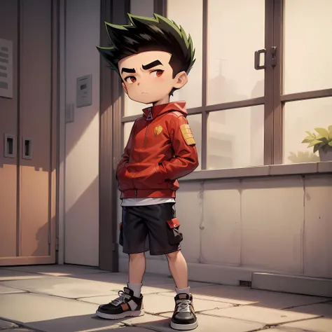 ((masterpiece, best quality)),solo,1boy,full body, jake long, black hair, red jacket, thick eyebrows, spiked hair, shorts, <lora:JakeLong3-06V206:0.6>