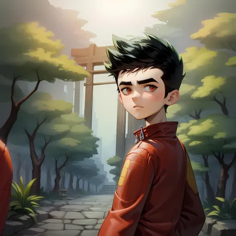 ((masterpiece, best quality)),solo,1boy,upper body, jake long, black hair, red jacket, thick eyebrows, spiked hair, shorts, <lora:JakeLong1:0.8>, forest,