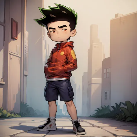 ((masterpiece, best quality)),solo,1boy,full body, jake long, black hair, red jacket, thick eyebrows, spiked hair, shorts <lora:JakeLong3-06V206:0.8>