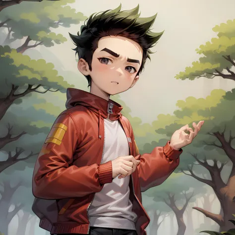 ((masterpiece, best quality)),solo,1boy,upper body, jake long, black hair, red jacket, thick eyebrows, spiked hair, shorts ,<lora:JakeLong3:0.6>, forest,