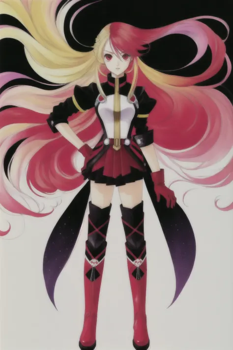 <lora:Inomata_Style:0.75> style by Mutsumi Inomata, 1girl, solo, long hair, skirt, blonde hair, red eyes, gloves, very long hair, full body, ahoge, multicolored hair, boots, shoes, gradient hair, thigh boots,