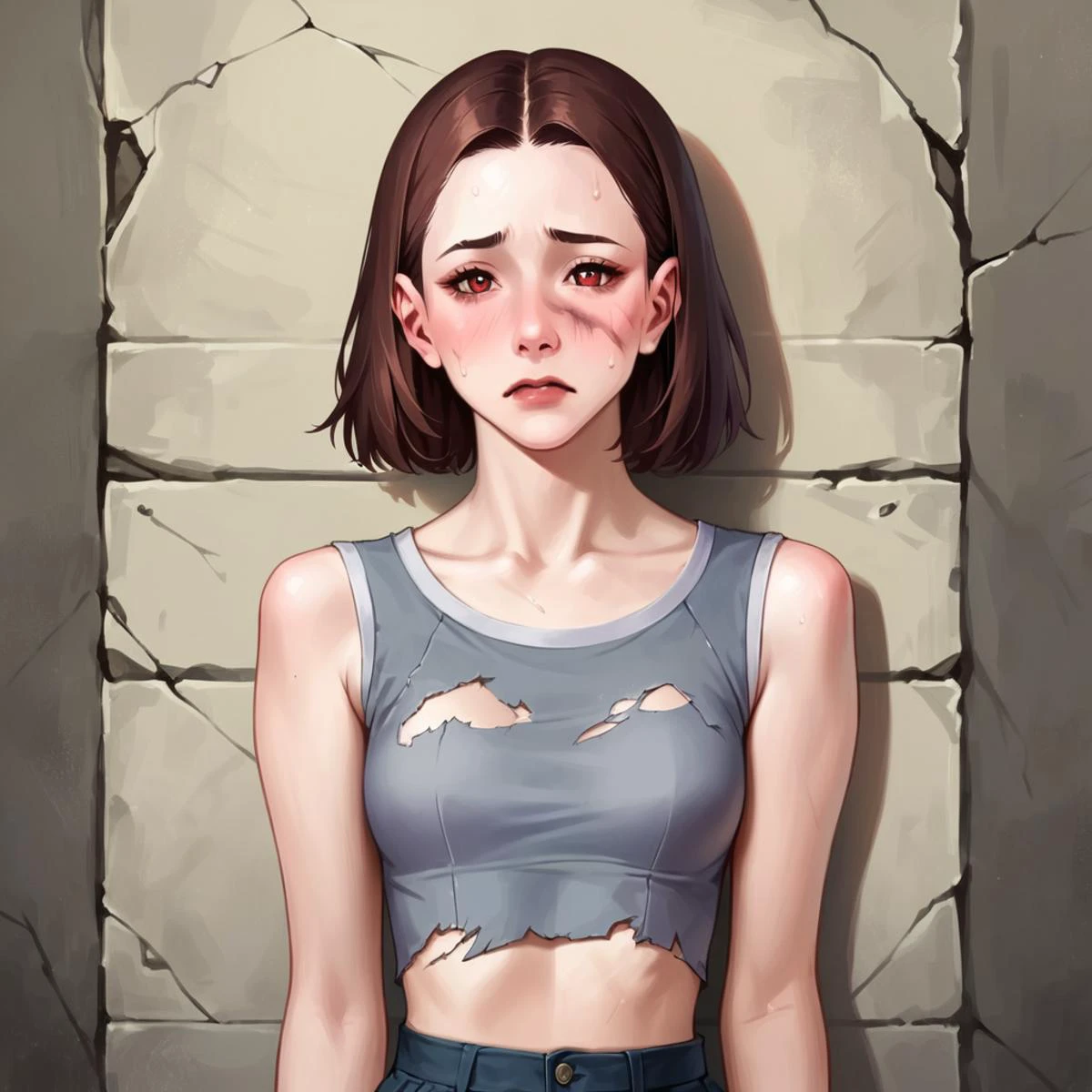 score_9, score_8_up, score_7_up, score_6_up, score_5_up, score_4_up, rating_questionable, pale petite young sex slave with short chin-length hair, post-apocalyptic, wearing a slave collar and shackles, (((wearing a crop top and torn short skirt))), center of a post-apocalyptic town square, embarrassed and humiliated, (scared:0.5), standing leaning against a wall, exhausted, eyebags, (upper body portrait shot:0.9), masterpiece digital art, realistic, <lora:add-detail-xl:0.8>, <lora:13_emb:0.4>, detailed cute pretty face, <lora:Line Art Style SDXL_LoRA_20r_20e_8i_nr32_a16_Pony Diffusion V6 XL:0.7>, <lora:OldAnimeStyle_XL_v3:0.3> Vintage, 1990s \(style\)<lora:Ravenna_ponyXL:1>