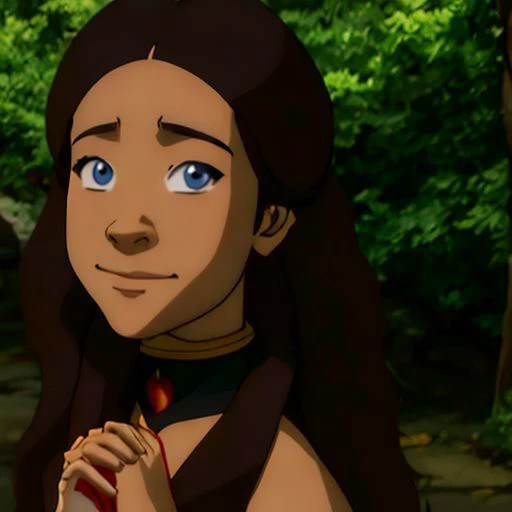 katara, catoon_style, 1girl, solo, long_hair, looking_at_viewer, smile, blue_eyes, brown_hair, black_hair, bare_shoulders, closed_mouth, upper_body, choker, day, nature, dark_skin, collar, dark-skinned_female, parody, own_hands_together, armband, close-up, armlet, style_parody, own_hands_clasped, official_style, anime_coloring