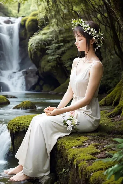 A serene shot of a woman meditating in nature. She is wearing a white dress and a flower crown, looking peaceful and beautiful. She is sitting on a rock in front of a waterfall, with green trees and blue sky in the background. She is looking at the camera with a calm and gentle expression, her eyes half-closed. She is holding her hands in a mudra gesture, showing her spiritual and mindful practice. The photo is taken from a high angle, making her look small and graceful. The photo has a natural and light tone, creating a sense of harmony and tranquility.