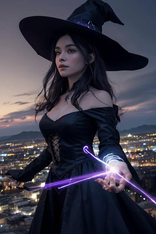 A magical shot of a witch floating in the sky at 2 km high. She is wearing a black dress and a hat, looking mysterious and beautiful. She is hovering over a city, with dazzling night lights in the background. She is surrounded by glowing magic, showing her power and grace. She is holding a magic wand in her hand, with magic gathering at the tip. She is looking at the camera with a calm and enchanting expression, her eyes shining. The photo is taken from a low angle, making her look big and majestic. The photo has a dark and purple tone, creating a sense of wonder and mystery.