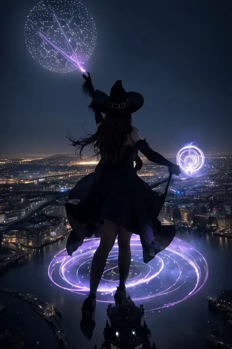 A magical shot of a witch floating in the sky at 2 km high. She is wearing a black dress and a hat, looking mysterious and beautiful. She is hovering over a city, with dazzling night lights in the background. She is surrounded by glowing magic, showing her power and grace. She is holding a magic wand in her hand, with magic gathering at the tip. her eyes shining. The photo is taken from a low angle, making her look big and majestic. The photo has a dark and purple tone, creating a sense of wonder and mystery.from behind