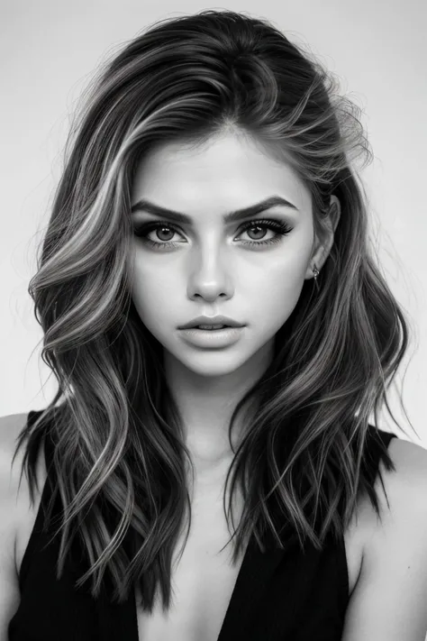 photo of <lora:sd15_MarinaLaswick_locon_24_v1:.9> MarinaLaswick blonde hair, focus on eyes, close up on face, pouting, hair styled as curly shoulder-length hair, black and white