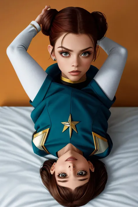 half-body of photo of <lora:sd15_MarinaLaswick_locon_24_v1:.9> MarinaLaswick , focus on face, wearing a star trek uniform , her hair is styled as upside down chignon,