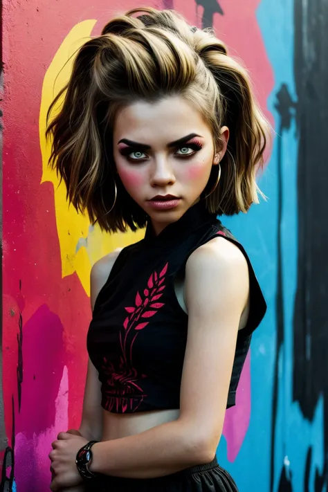 (street art style, urban, vibrant, stencil art, highly detailed:1.15), (eye level, headshot:1.2) of <lora:sd15_MarinaLaswick_locon_24_v1:.9> MarinaLaswick , she is wearing hakama short skirt, her hair is styled as french twist, BREAK she is (in the gym:1.1), creative shadow play, glitch style,