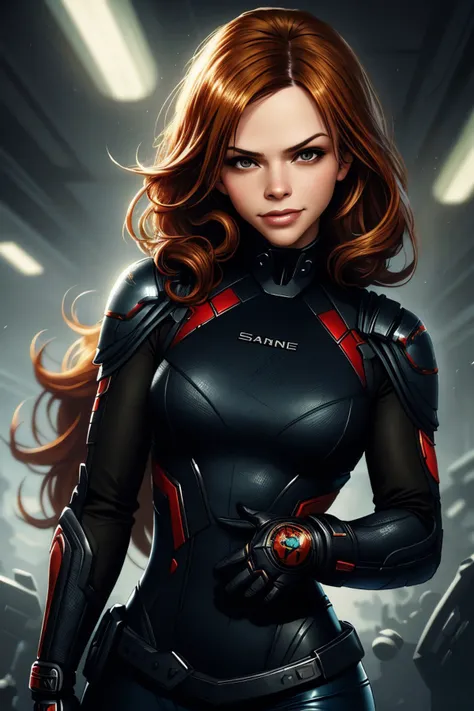 (style of Raymond Swanland:1.15), close range of <lora:sd15_MarinaLaswick_locon_24_v1:.9> MarinaLaswick , focus on smiling face, wearing a pantsuit , her hair is styled as Straight Sleek and Curled,