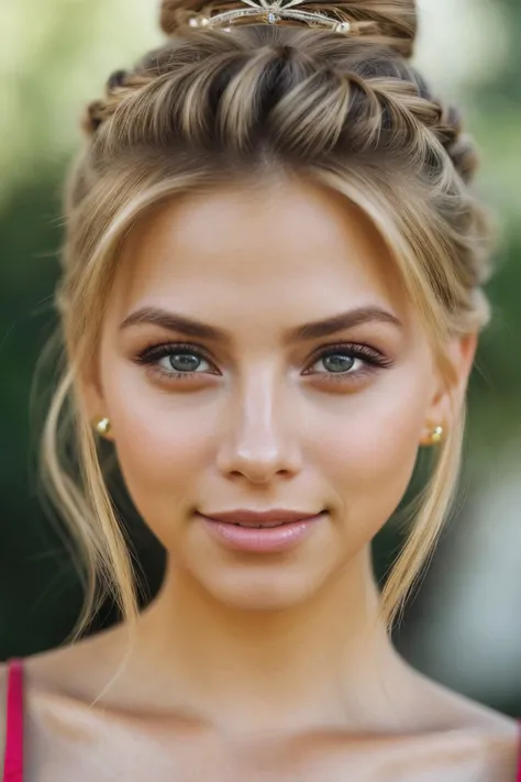 hyperrealistic rendition, ultra detailed, realistic, high definition, photo of <lora:sd15_MarinaLaswick_locon_24_v1:.9> MarinaLaswick blonde hair, focus on eyes, close up on face, smile, hair styled as crown bun,