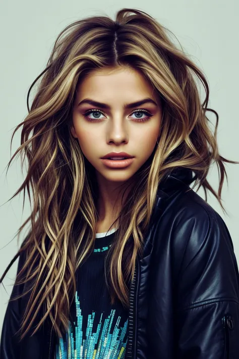 (glitch art, distorted, vibrant, digital noise:1.15), upper-body of <lora:sd15_MarinaLaswick_locon_24_v1:.9> MarinaLaswick blonde hair, focus on face, wearing a feather jacket , her hair is styled as wavy layers hair,