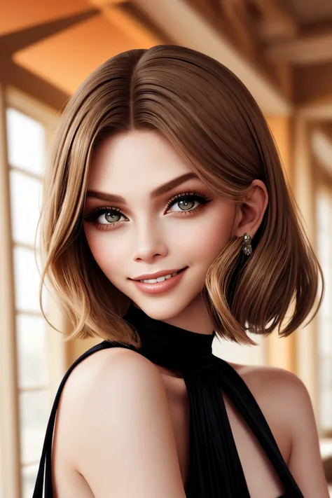 close range of photo of <lora:sd15_MarinaLaswick_locon_24_v1:.9> MarinaLaswick , focus on smiling face, wearing an elegant evening gown , her glaucous color hair is styled as blunt bob hair,