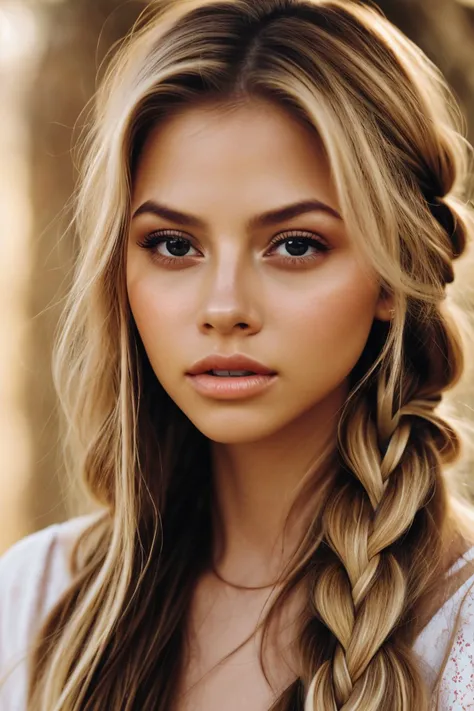 photo of <lora:sd15_MarinaLaswick_locon_24_v1:.9> MarinaLaswick blonde hair, focus on eyes, close up on face, pouting, wearing jewelry, Peach cream color hair styled as Straight Waterfall Braid, radiant god rays