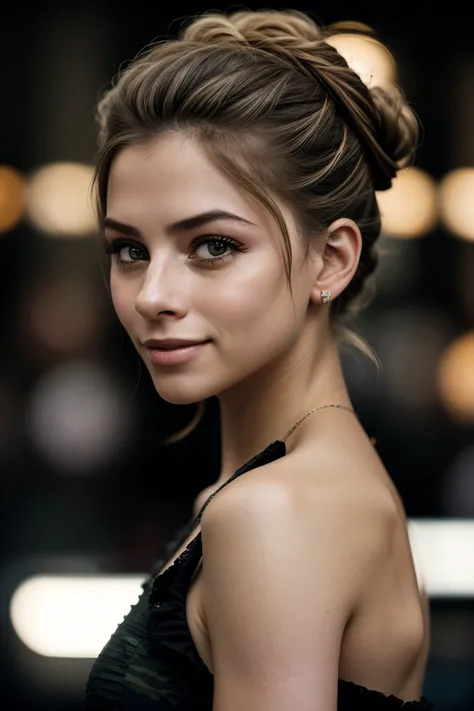 cinematic film still, shallow depth of field, vignette, highly detailed, high budget Hollywood movie, bokeh, cinemascope, moody, epic, gorgeous, film grain, grainy, close range of photo of <lora:sd15_MarinaLaswick_locon_24_v1:.9> MarinaLaswick , focus on smiling face, side view wearing camo , her hair is styled as curly bun,