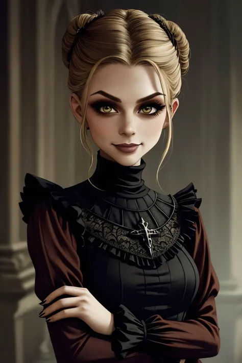 (gothic rendition, dark, macabre, highly detailed, brooding:1.15), upper-body of <lora:sd15_MarinaLaswick_locon_24_v1:.9> MarinaLaswick , focus on smiling face, wearing a turtleneck , her color cream hair is styled as half-up bun,
