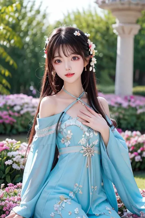 hippie girl, long colorful hair, radiant face, sparkling eyes, dd cups, background flower garden,<lora:lxq:0.6>