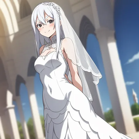 masterpiece,best quality,anime,2d,detailed eyes,
<lora:EchidnaNAI:0.9>
1girl,solo,cowboy shot, very long hair, white hair, black eyes, colored eyelashes, white_eyelashes,hair between eyes, medium breasts, standing, cathedral, ,temple,white_eyebrows,blush,smile,happy, (wedding dress:1.3), bridal veil,