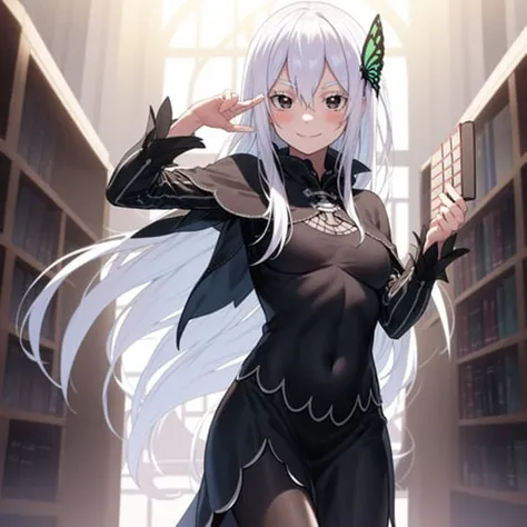 masterpiece,best quality,anime,2d,detailed eyes,
<lora:EchidnaNAI:0.9>
1girl, solo, long hair, butterfly hair ornament, smile,hair between eyes, black dress, looking at viewer, breasts, very long hair, black capelet, capelet, long sleeves, bangs, closed mouth, book, black eyes, floating hair, holding book, blush, medium breasts, library, white hair, cowboy shot, hand up, standing,colored eyelashes, white_eyelashes,white eyebrows,long dress,