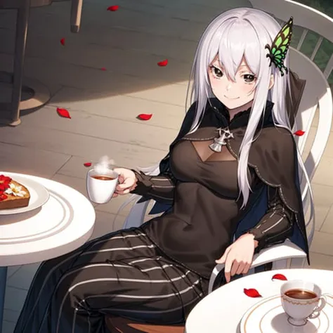 masterpiece,best quality,anime,2d,detailed eyes,
<lora:EchidnaNAI:0.9>
1girl, long hair, solo, butterfly hair ornament, sitting, cup, smile, hair between eyes,capelet, long sleeves, petals, black dress, hair between eyes, butterfly, teacup, looking at viewer, black capelet, vertical stripes, very long hair, holding, striped dress, breasts,closed mouth, chair, table, holding cup, vertical-striped dress, white hair, (colored eyelashes:1.2), flower, black eyes, medium breasts, long dress,(white eyelashes:1.1),