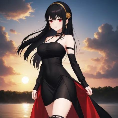(masterpiece), best quality, high quality, high resolution, (1girl:1.3), (solo:1.3), <lora:Yor Forger:0.7>, Yor Forger, black hair, long hair, red eyes, black dress, full body