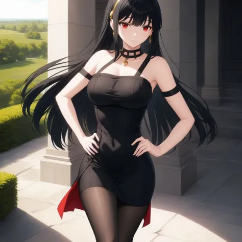 (masterpiece), best quality, high quality, high resolution, (1girl:1.3), (solo:1.3), <lora:Yor Forger:0.7>, Yor Forger, black hair, long hair, red eyes, black dress, full body
