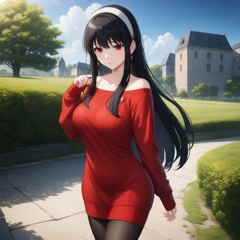 (masterpiece), best quality, high quality, high resolution, (1girl:1.3), (solo:1.3), <lora:Yor Forger:0.7>, Yor Forger, black hair, long hair, red eyes, (red sweater), short dress, full body