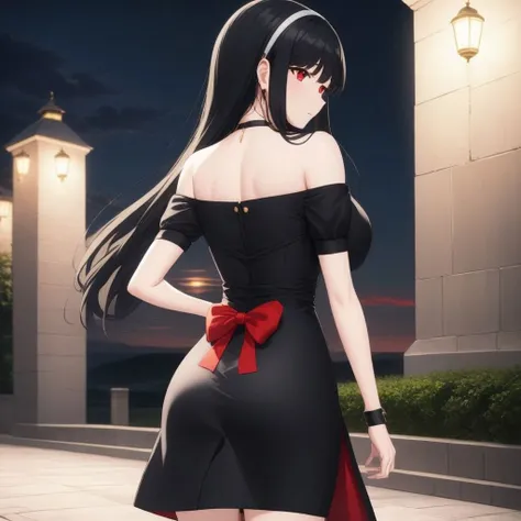 (masterpiece), best quality, high quality, high resolution, (1girl:1.3), (solo:1.3), <lora:Yor Forger:0.7>, Yor Forger, black hair, long hair, red eyes, black dress, full body, from behind