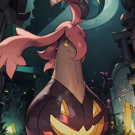 ((masterpiece,best quality)), absurdres,
<lora:Gourgeist_Pokemon_Anime:1>, Gourgeist_Pokemon, no humans, pokemon \(creature\),
solo, smiling, looking at viewer,
purple theme, graveyard in background,