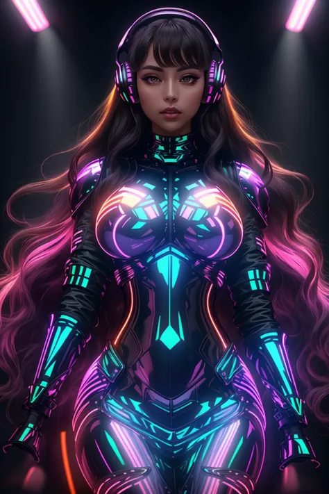 cleavage, huge breasts, headphones, goggles, rgb, <lora:GamerFashion-rgb-V1:1>, Petite woman, her every feature bathed in the ethereal glow of a holo color scheme, captivating and mesmerizing, bodycon dress adorned with shimmering, shifting, and iridescent hues, reflecting light in a dazzling display, Holographic gems delicately reflecting a rainbow of colors, slender choker adding a touch of elegance, Sleek waves of hair, shimmering with lustrous hues matching the holo color scheme, holographic makeup adorning her eyes and lips, holo-infused ambiance, floating orbs illuminating the space in iridescent glory, magnetic presence exuding grace, confidence, and a unique allure that captures all attention.