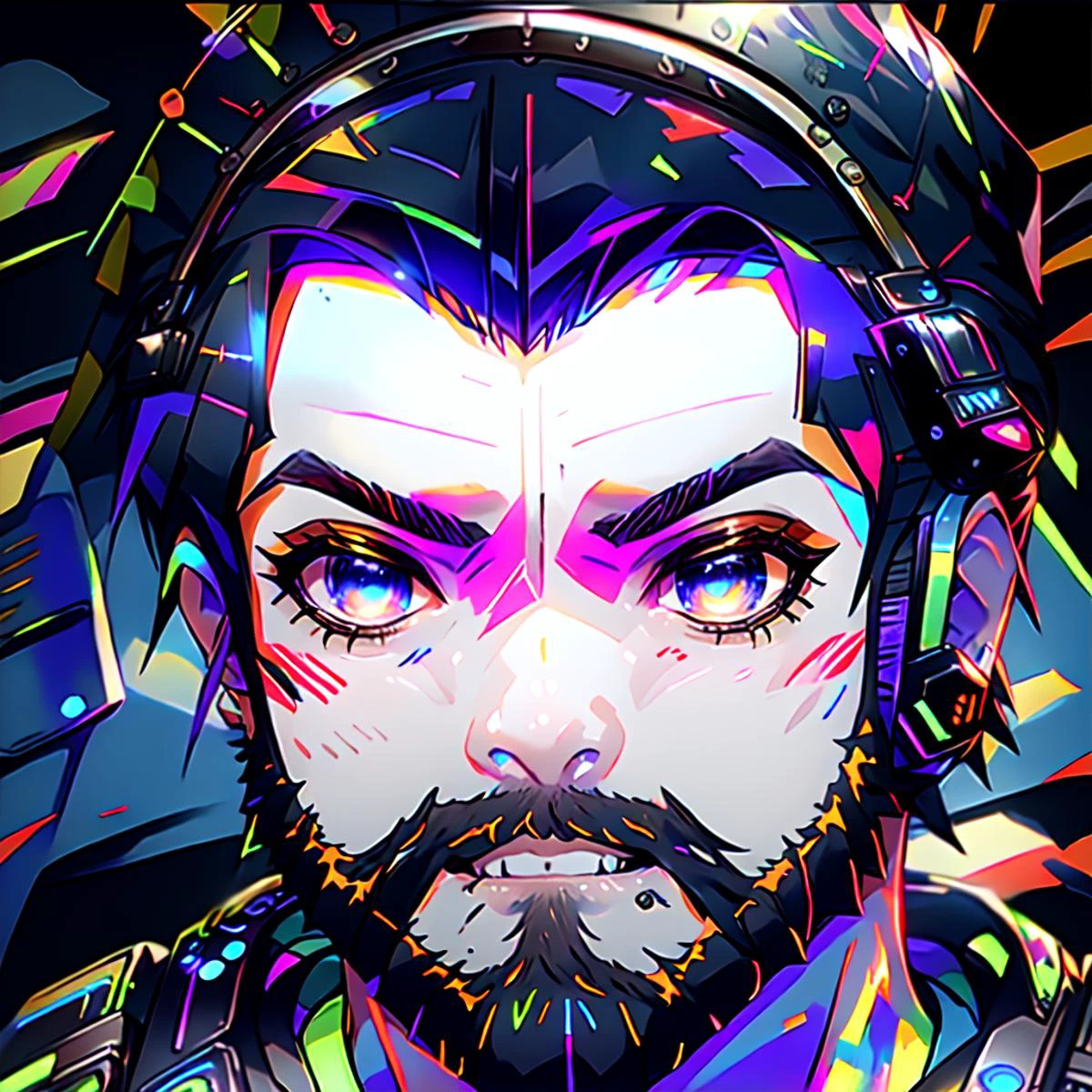 1Boy, Inaho Kaizuka, Man Bun, Red Hair, Red Stubble, 5 o'clock shadow, beard, Blue Eyes, gamer, bedroom, night, pc, sit, headset, portraits, bedroom, desk, hacking, hacker, computer, games, facing forward, OverallDetail, anime artwork, prismatic, holographic, chromatic aberration, fashion illustration, masterpiece, an extremely handsome and masculine outfit, man with harajuku fashion, headphone, <lora:Neon_Dreams:0.9> Neon Dreams vivid colors, psychadelic colors, neon colors, ethereal lightning horizon, ethereal color particles, decorative, depth of field, high quality, masterpiece, high resolution, solo, best quality, viking <lora:GamerFashion-rgb-V1:0.8> rgb, headphones, goggles, gamer <lora:Full_Beard_Dom_Santiago:0.8> full_beard_dom_santiago