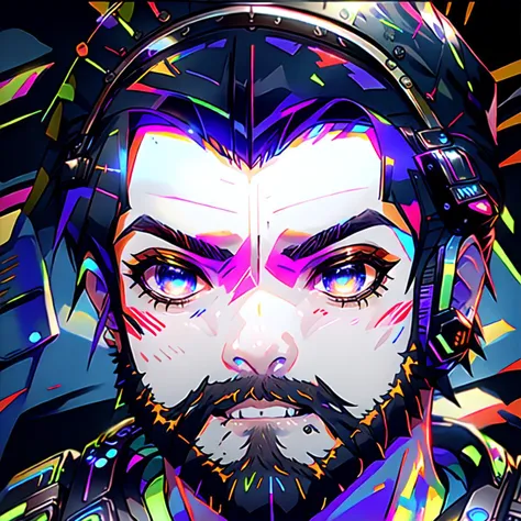 1Boy, Inaho Kaizuka, Man Bun, Red Hair, Red Stubble, 5 o'clock shadow, beard, Blue Eyes, gamer, bedroom, night, pc, sit, headset, portraits, bedroom, desk, hacking, hacker, computer, games, facing forward, OverallDetail, anime artwork, prismatic, holographic, chromatic aberration, fashion illustration, masterpiece, an extremely handsome and masculine outfit, man with harajuku fashion, headphone,  <lora:Neon_Dreams:0.9> Neon Dreams  vivid colors, psychadelic colors, neon colors, ethereal lightning horizon, ethereal color particles, decorative, depth of field, high quality, masterpiece, high resolution, solo, best quality, viking  <lora:GamerFashion-rgb-V1:0.8> rgb, headphones, goggles, gamer  <lora:Full_Beard_Dom_Santiago:0.8> full_beard_dom_santiago